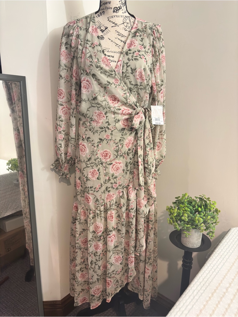 LC Lauren Conrad Sage Green Floral Wrap Maxi Dress with Pink Roses